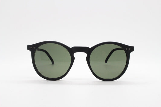 90s vintage round glasses. Classic 30s, 20s style black frame in a rubber finish with green lenses and keyhole bridge. O Malley
