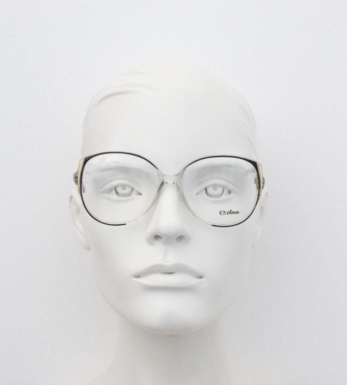 Piave 80s vintage oversized round cat eye glasses. Transparent clear optical frame with black and white overlay. Prescription NOS cateye