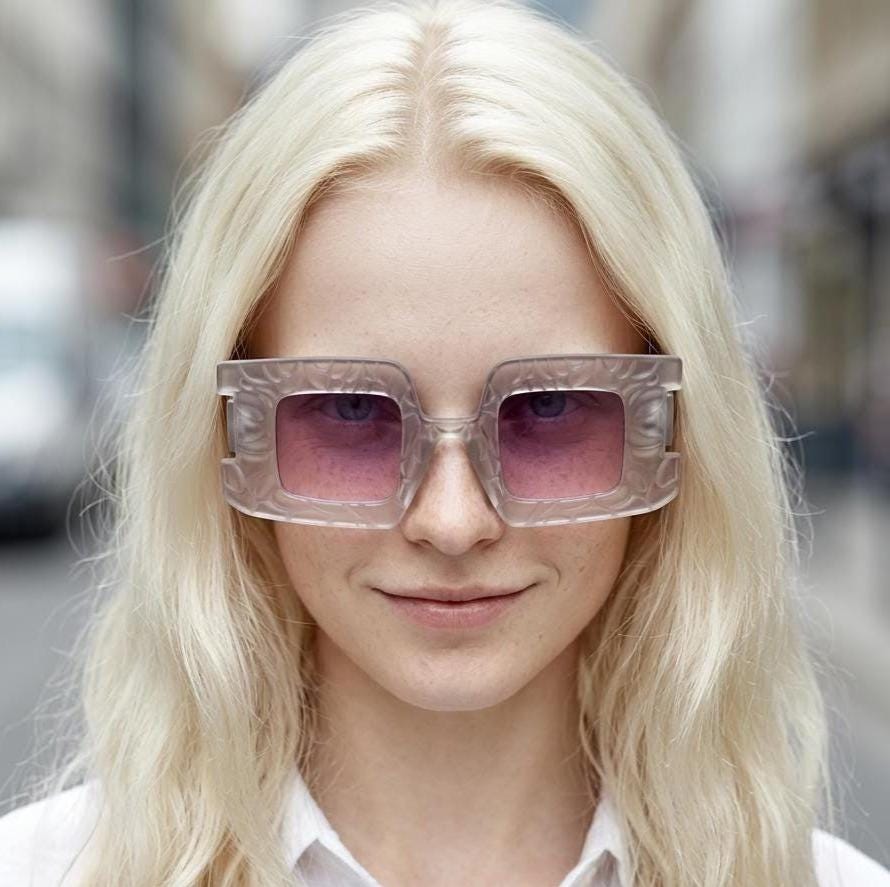 Vintage oversized square sunglasses. Women's radical fashion poseur shades with abstract patterned transparent frame with pink lenses. BNWT