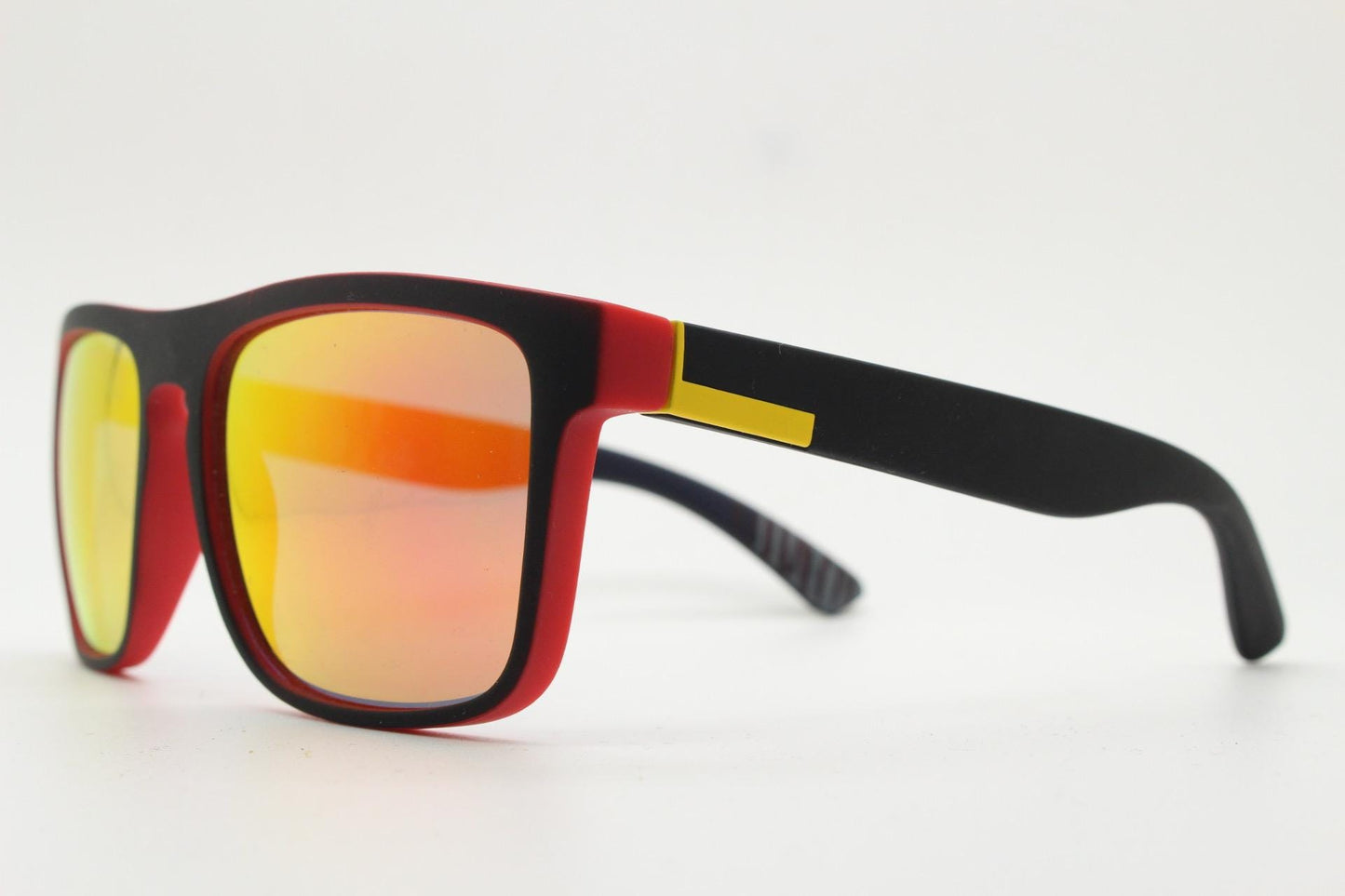 Y2K vintage rectangular sunglasses. Black and orange rubber finish frame with intense gold mirror lenses. Modified wayfarer. 2000's NOS