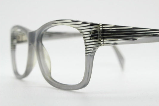Alain Mikli rectangular eye glasses made in France. Dynamic black and white striped layered acetate grey optical frame. Prescription RX