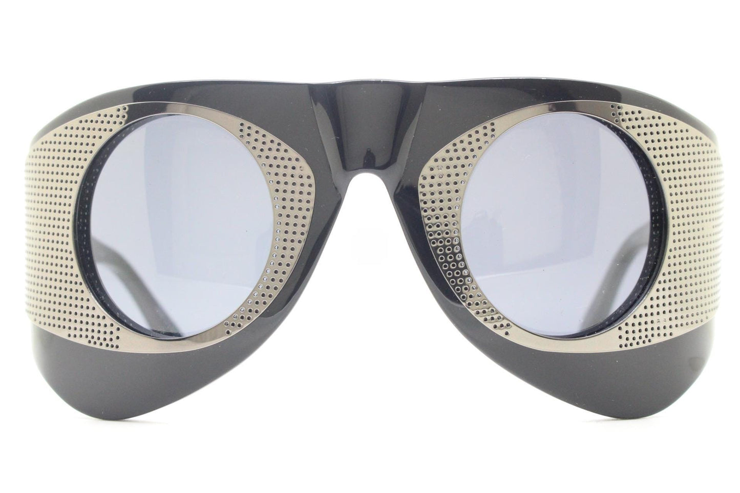 Todd Lynn goggle sunglasses made in Japan by Linda Farrow. Powerfully dramatic collectors design in black. Gallery Projects. Vintage. NOS