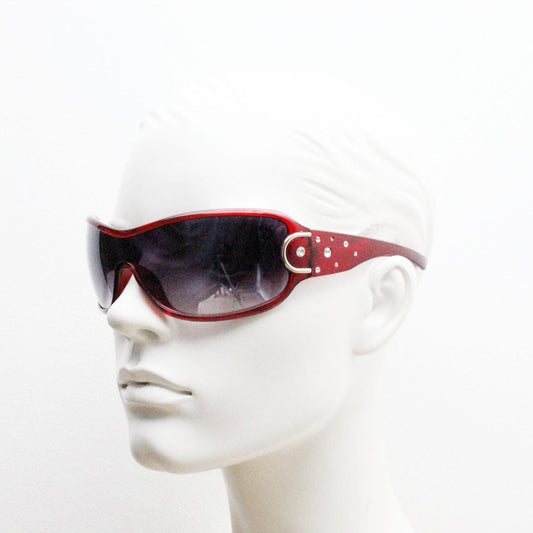 Y2K vintage visor sunglasses. Red massive mask mono lens wrap around with diamantes. Ghetto fabulous bling shield. 2000s NOS. Rhinestone