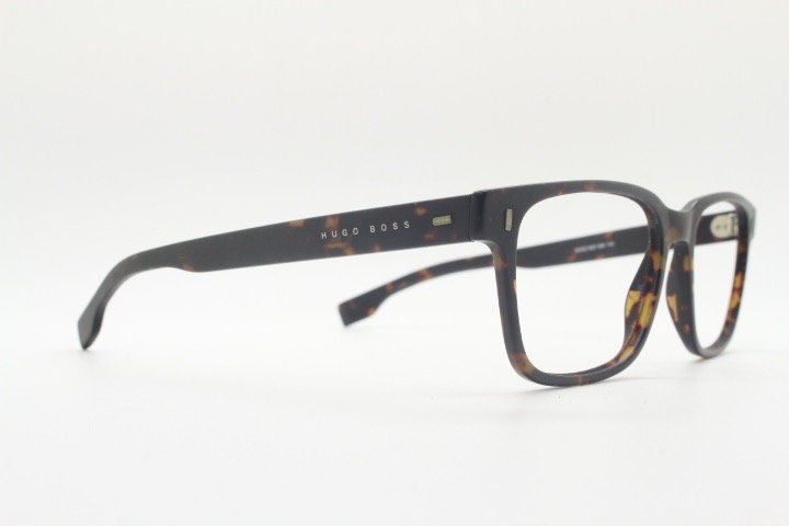 Hugo Boss rectangular eye glasses. Brown satin finish tortoise acetate optical frames. Prescription eyeglasses. Mens vintage RX Spectacles