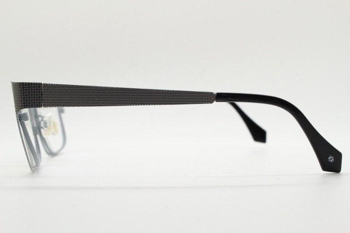 William Morris London rectangular eye glasses. Grey flat metal optical frames with textured check surface. Prescription RX eyeglasses