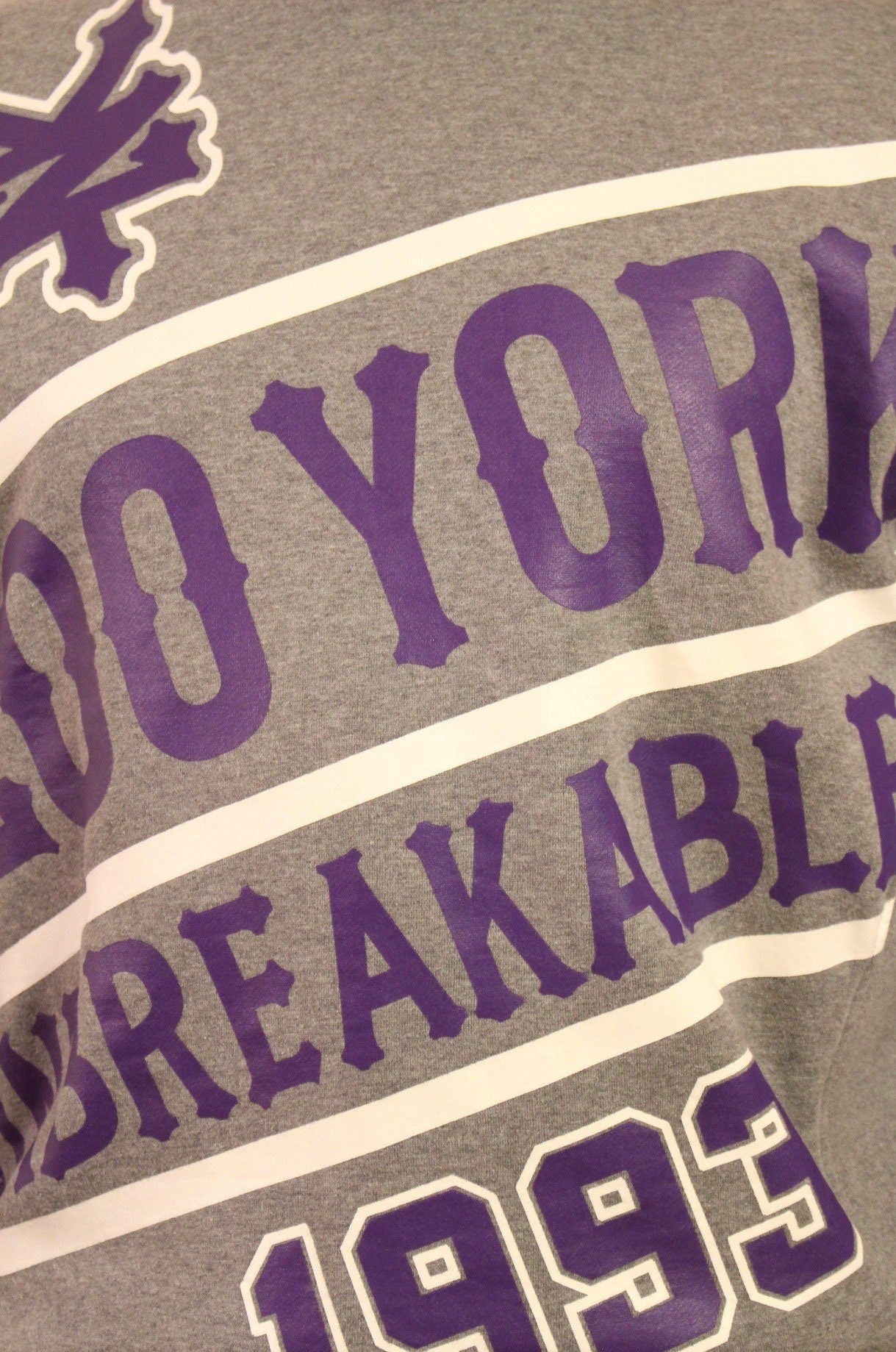 Zoo York vintage sweatshirt. Grey crew neck pullover with massive purple spell out graphic vinyl print. Round neck jumper. Mens medium