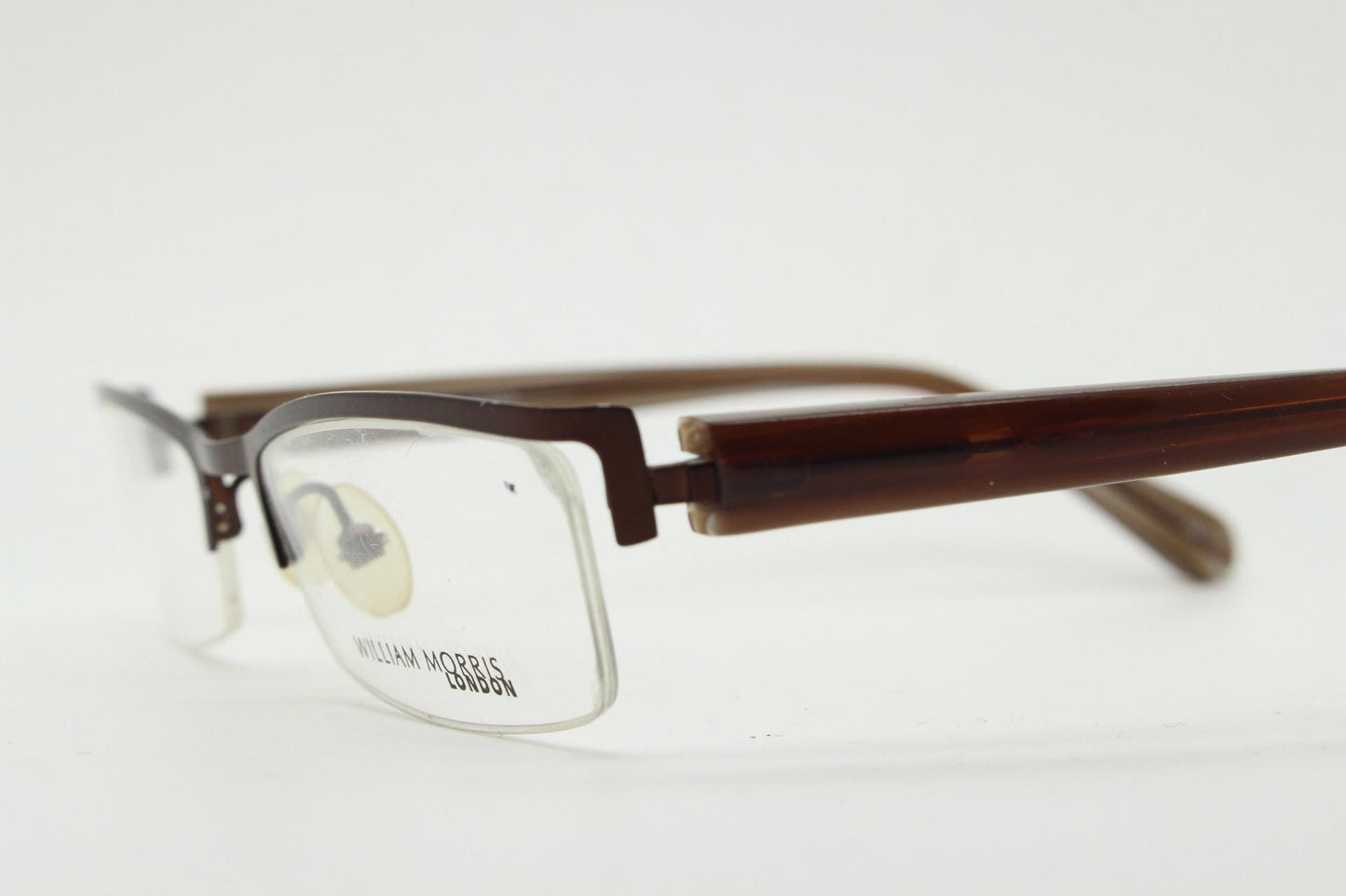 William Morris vintage rectangular eye glasses. Brown metallic brow line half frame with layered acetate arms. Prescription optical RX. NOS