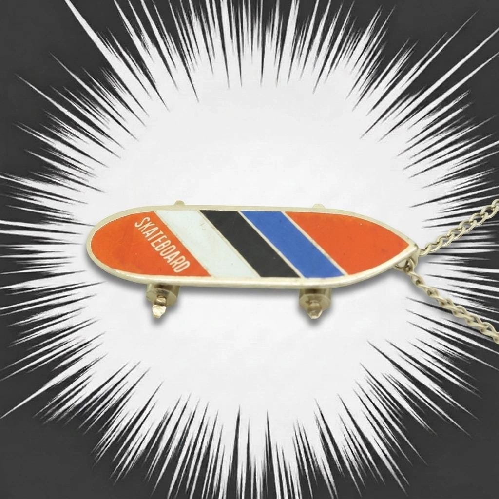 80s vintage skateboard pendant necklace. Metal chrome with enamelled red, blue and white colour stripes. Charming authentic design. NOS