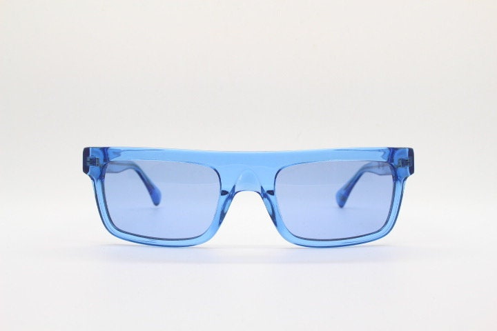 Kaleos rectangular flat top sunglasses. Bright sky blue acetate chunky frame with same colour lenses. BNWOT