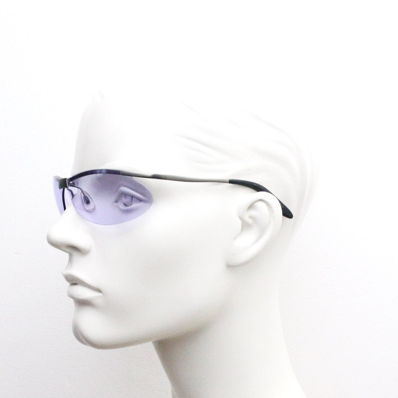 Y2K vintage sport shield sunglasses. 2000's half frame wraparound aerodynamic mini mask visor with purple bug eye lenses. 90s 00s unused NOS