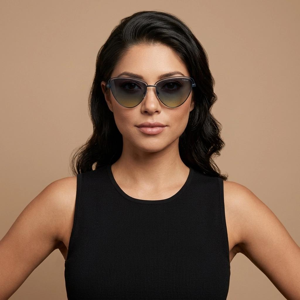 Polaroid vintage rounded cat eye sunglasses. Metal double brow frame with sensational blue to yellow graduating lenses. Unused NOS