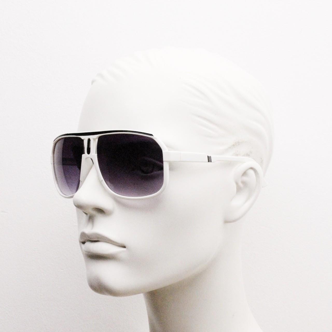 Y2K vintage square aviator sunglasses. 2000's ice white frame with graduating black lenses and stripe brow detail. 80s design NOS aviators