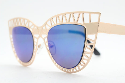 Y2K vintage metal cat eye sunglasses. Women's extraordinary gold cut out lattice scaffold cateye frame with blue mirror lenses. 2000s. BNWT