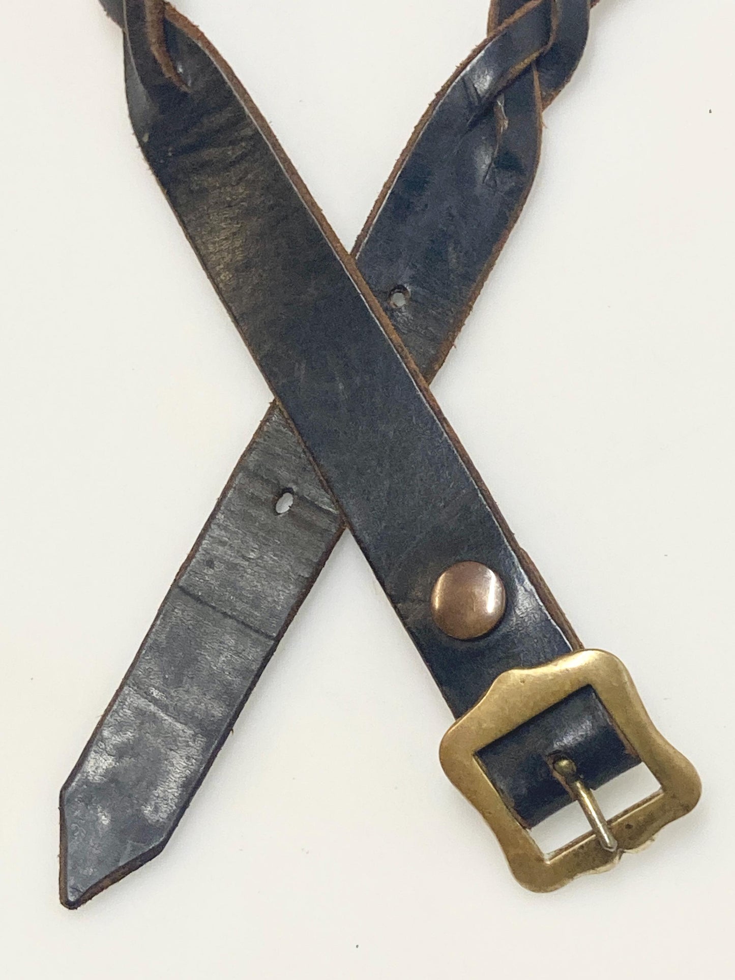 80s vintage thick black genuine leather plaited western 1" belt with changeable brass buckle. For jeans and trousers. Rawhide