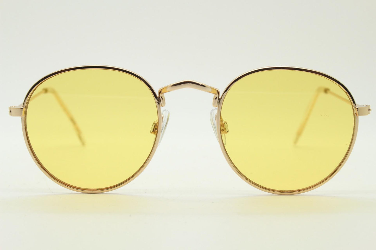 90s vintage round metal sunglasses, Classical 1930s design gold frame with blazing canary yellow lenses. Unused. NOS. Panto