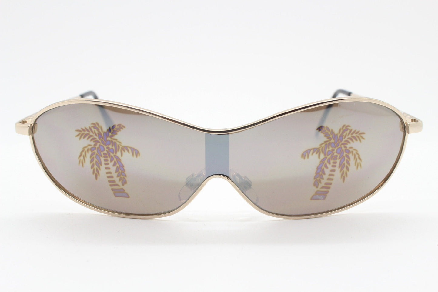 Party monster Y2K vintage visor sunglasses. Wraparound mono lens mini mask shield design with mind bending palm tree print. Unused NOS