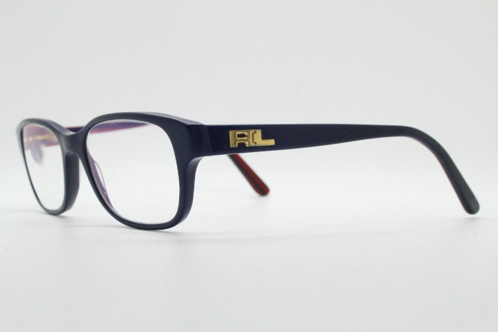 Ralph Lauren rectangular eye glasses model 6119. Navy blue acetate optical frame with red interior. Prescription eyeglasses. RX spectacles
