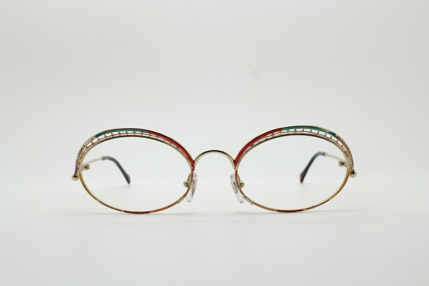 Casanova 80s vintage oval eye glasses. Incredible eyebrow canopy design with multi coloured finish. Optical frames. Prescription spectacles