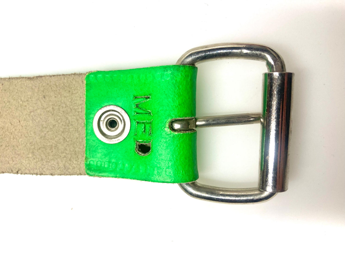 80s vintage thick genuine leather studded belt Made in the UK. Green dayglo with changeable buckle and 2 rows of conical metal studs. NOS M