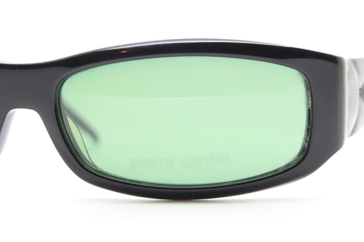 Pierre Cardin vintage 90s wrap around sunglasses made in Italy. Black acetate shield frame with quilted arms and diamante crest. NOS