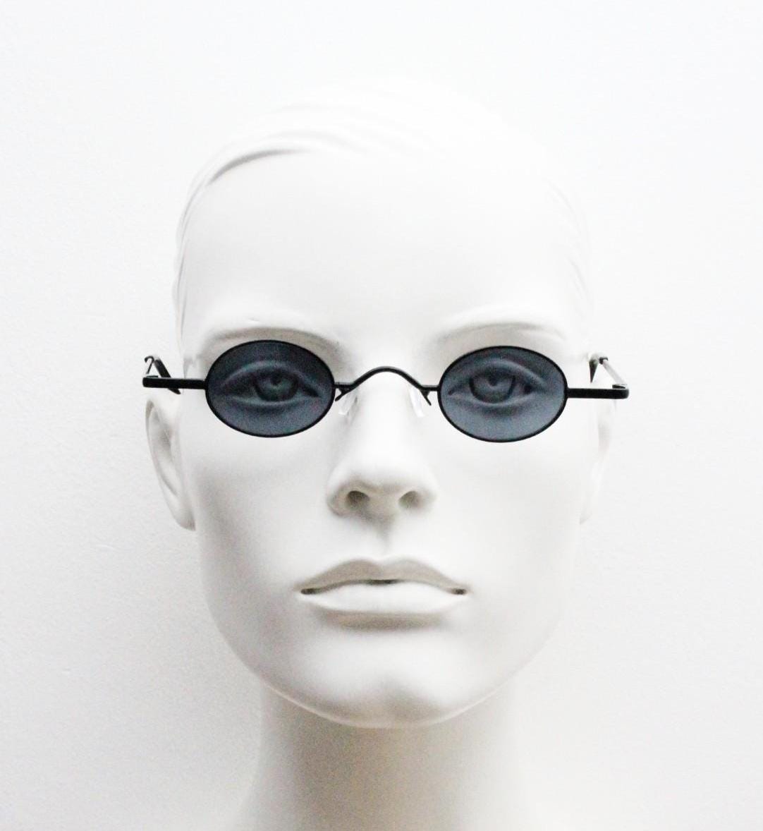 90s vintage small oval sunglasses. Imposing minimal black gloss metal victorian style frame. Steampunk. Unused BNWT