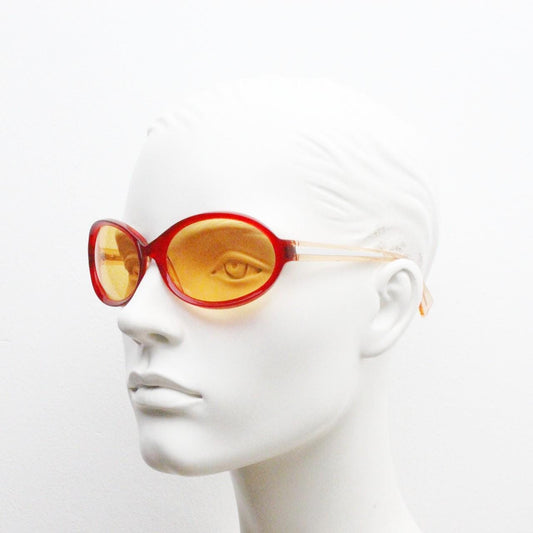 Alain Mikli Y2k vintage mini goggle sunglasses. Red transparent oval curved frame with blazing orange lenses. Definitive 2000s NOS