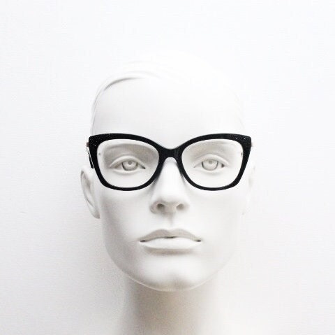 Michael Kors cat eye glasses. Thick black acetate optical frame with gold arms and sparkling corners. Womens vintage prescription RX