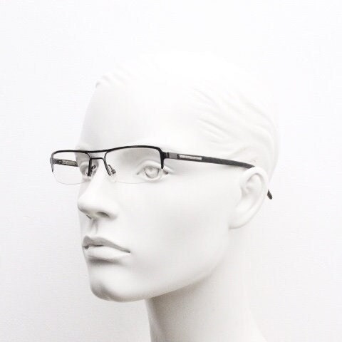 Giorgio Armani rectangular eye glasses model A268 made in Italy. Gunmetal grey half frame with acetate arms. Prescription optical eyeglasses