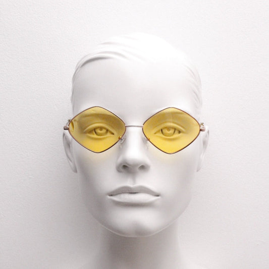 90s vintage diamond sunglasses. Minimal rose gold frame with psychedelic mod style yellow lenses. Unused BNWT