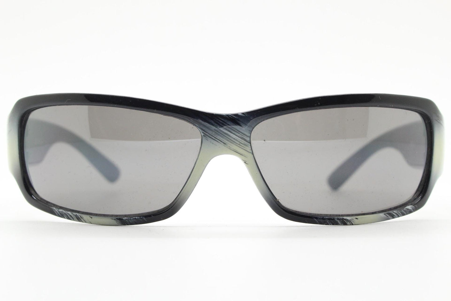 Y2k vintage wrap around rectangular sunglasses. Low profile curved white and black gloss frame with grey lenses. 2000's bug eye. NOS