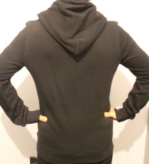 Diesel Timeless fitted pullover hoody sweatshirt. Womens all black hooded jumper with real leather V panel. BNWOT production sample Size S