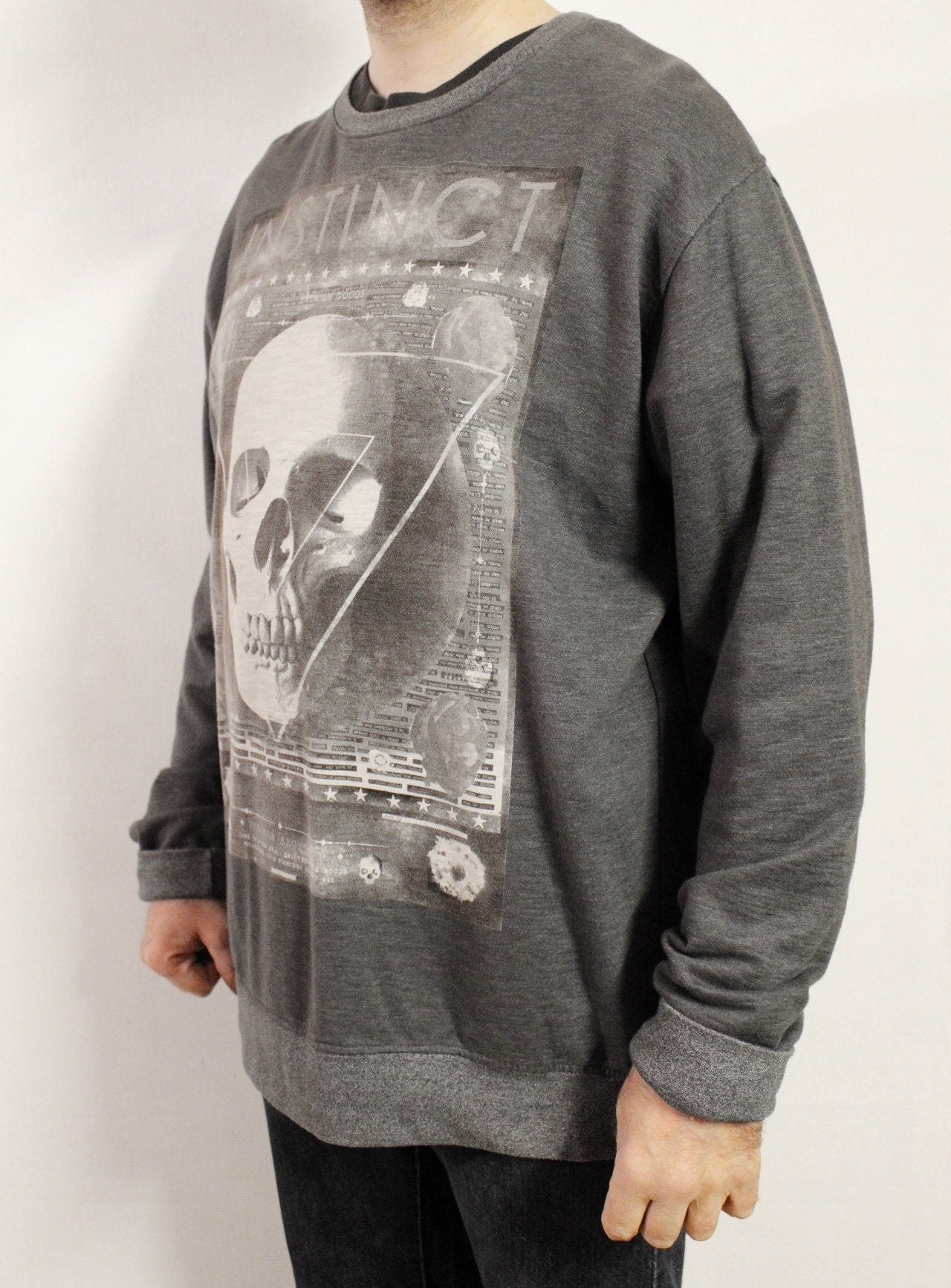 Vintage dark and light grey sweatshirt. Mens crew neck pullover with abstract skull print. Round neck jumper top