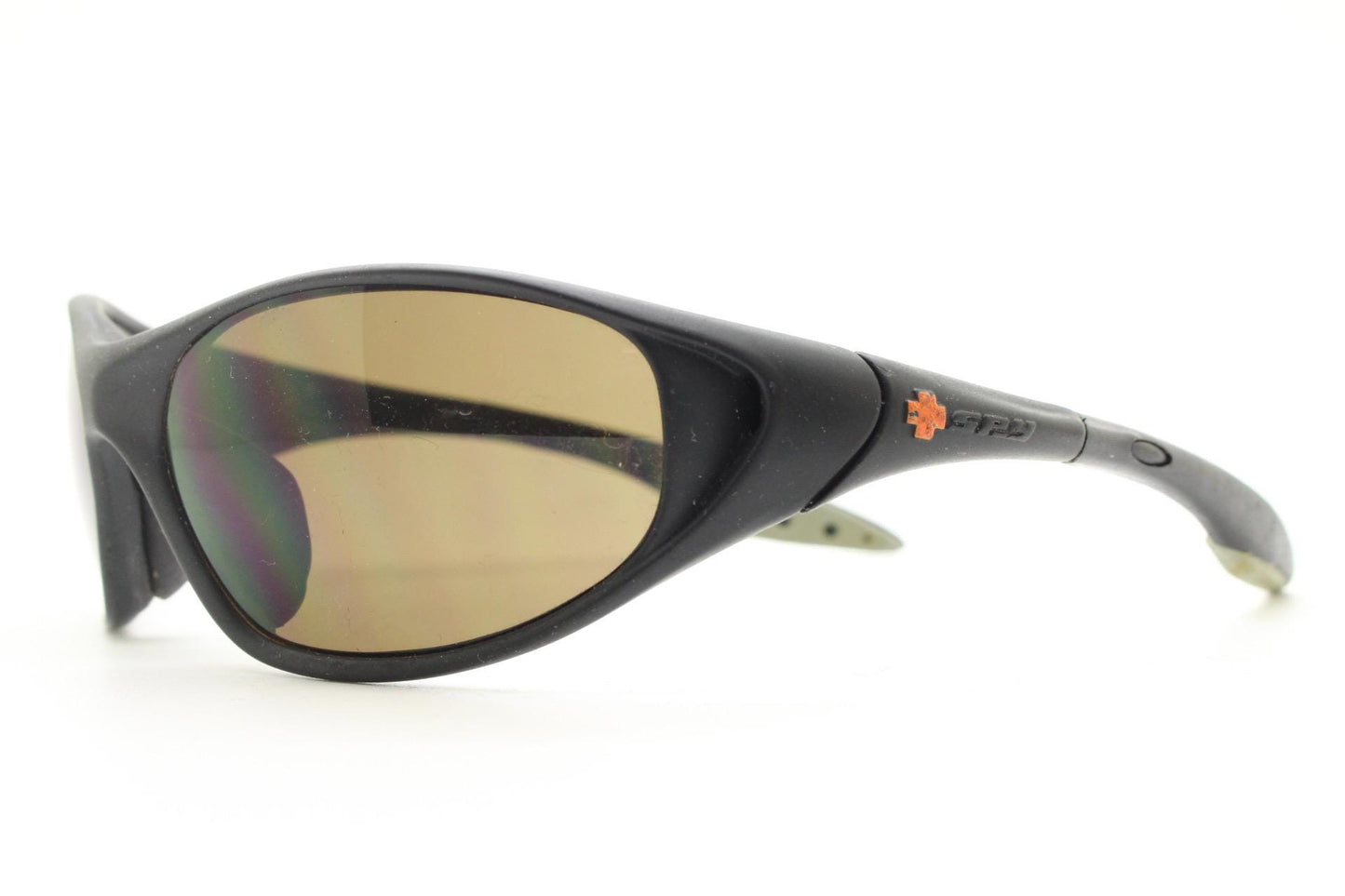 Y2K vintage sport shield aerodynamic sunglasses. All black rubber finish wraparound bug eye visor with brown lenses. 2000's. 90s