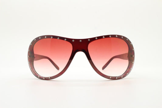 Y2K vintage visor aviator sunglasses with diamante. Red wrap around mini mask shield design with curved mono lens. 2000s NOS. Rhinestone