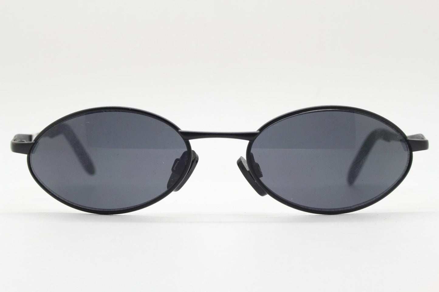 90s vintage small oval bug eye sunglasses. All black matt finish frame. Classic Matrix shape. Cosplay. Unworn NOS