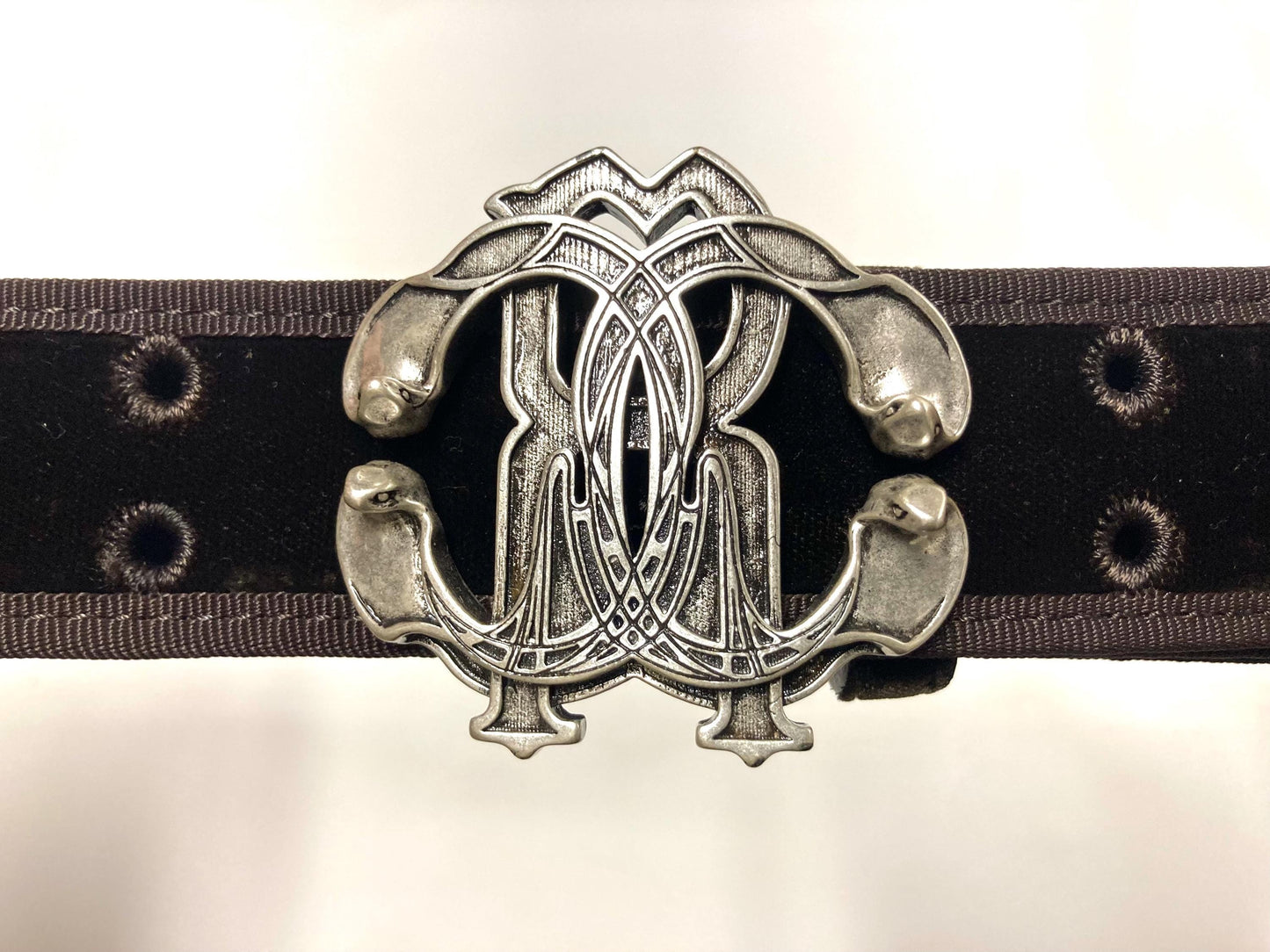 Roberto Cavalli Y2K vintage belt. Brown velvet with tape edge, Logo 'shield' buckle and leather back. Made in Italy. Mens NOS with dust bag