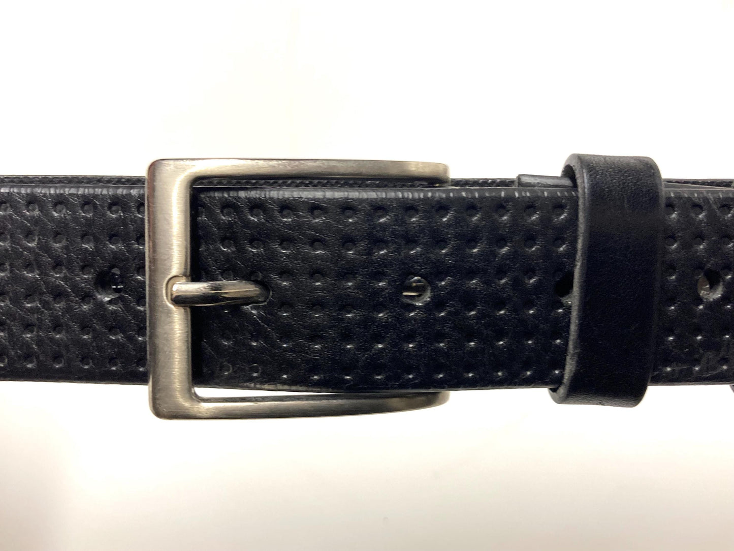 90s vintage black genuine leather belt made in Italy. Thick cowhide with smooth finish and indented dots for trousers/jeans. Mens NOS