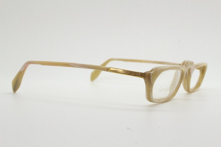 Versace rectangular 90s vintage small eye glasses made in Italy. Beige animal horn look acetate optical frames. Prescription eyeglasses. RX