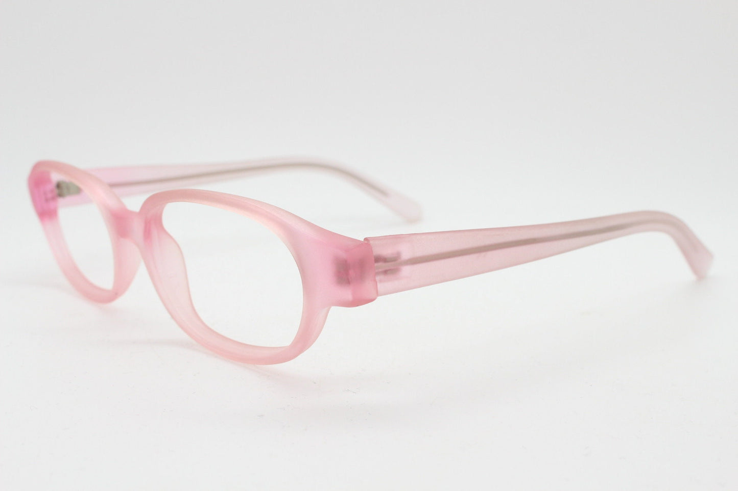 90s vintage rectangular low profile glasses. Transparent pink frosted finish optical frames. Prescription eyeglasses. RX Spectacles