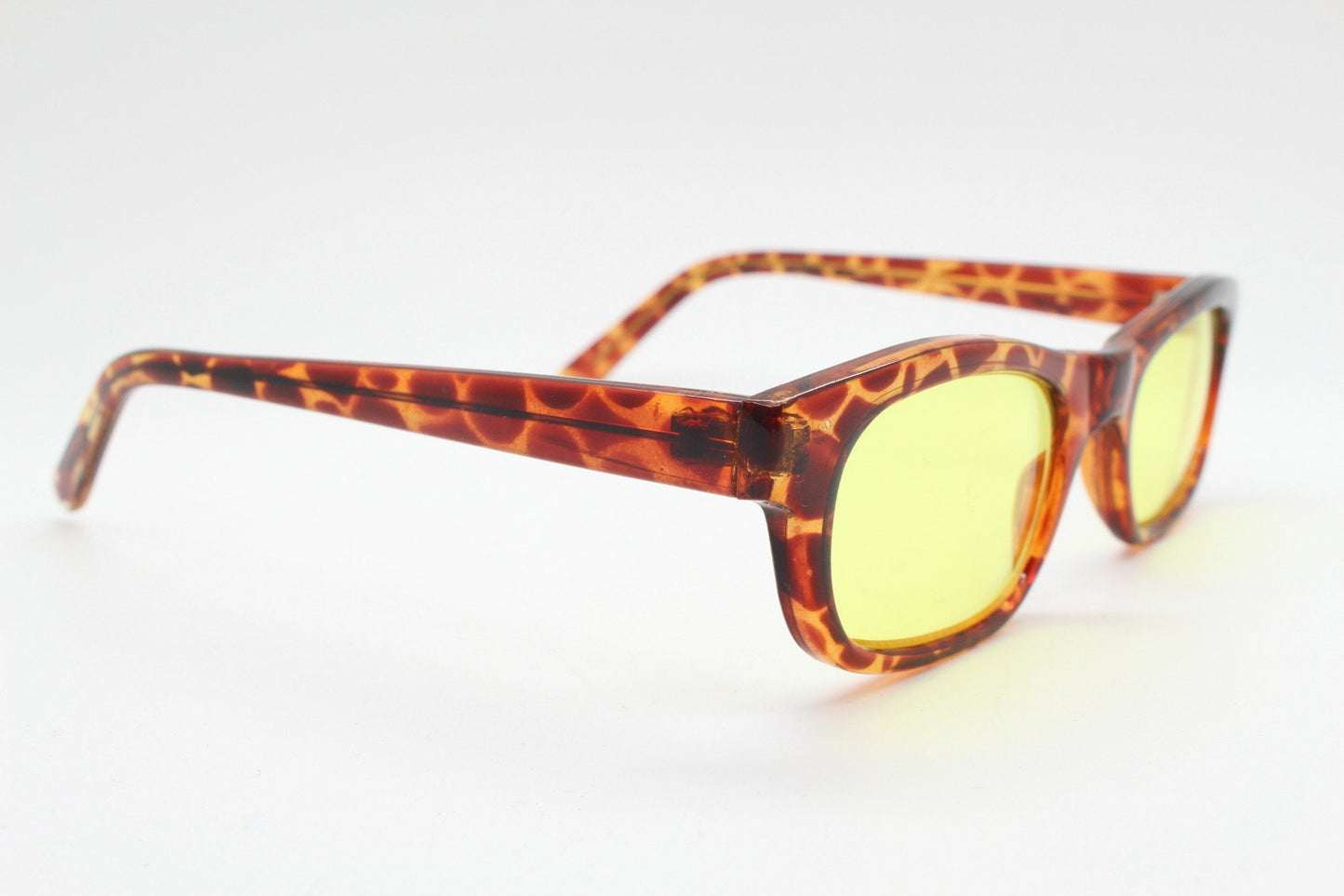 80s vintage rectangular sunglasses. Low profile 60s design tortoise frame with psychedelic light tone canary yellow lenses. BNWT Unused NOS
