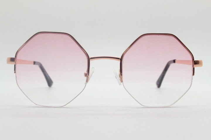 90s vintage octagon sunglasses. Blue 8 sided 60s design glasses with minimal half frame and gold arms. Hexagon. Unused NOS