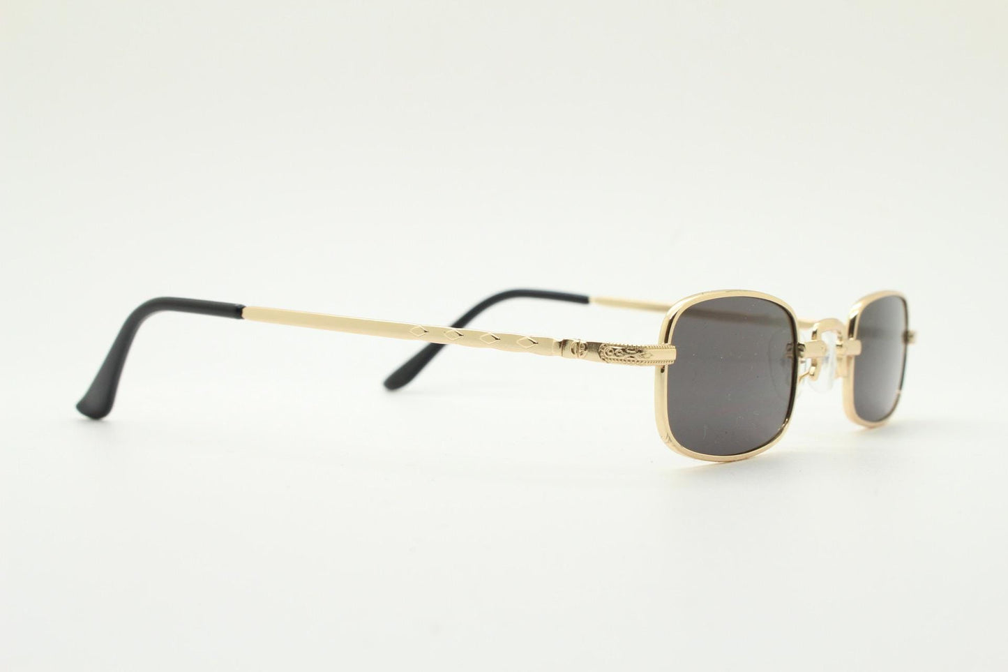 90s vintage small rectangular sunglasses. Imposing minimal gold metal victorian style frame with black lenses. Steampunk. Unused BNWT