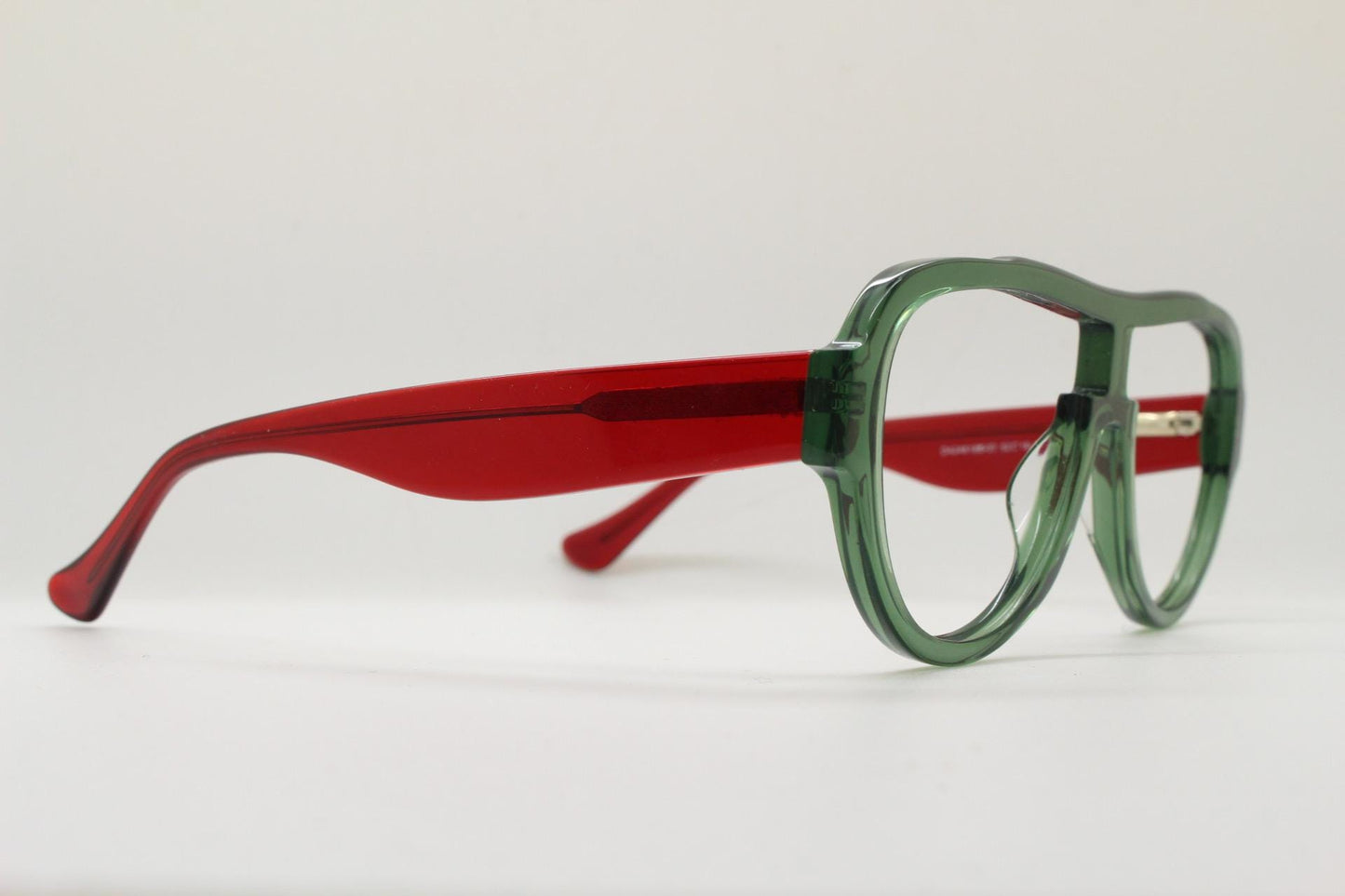 Modified acetate aviator eye glasses in dynamic transparent red and green. Optical frame. Prescription eyeglasses. RX spectacles. Vintage