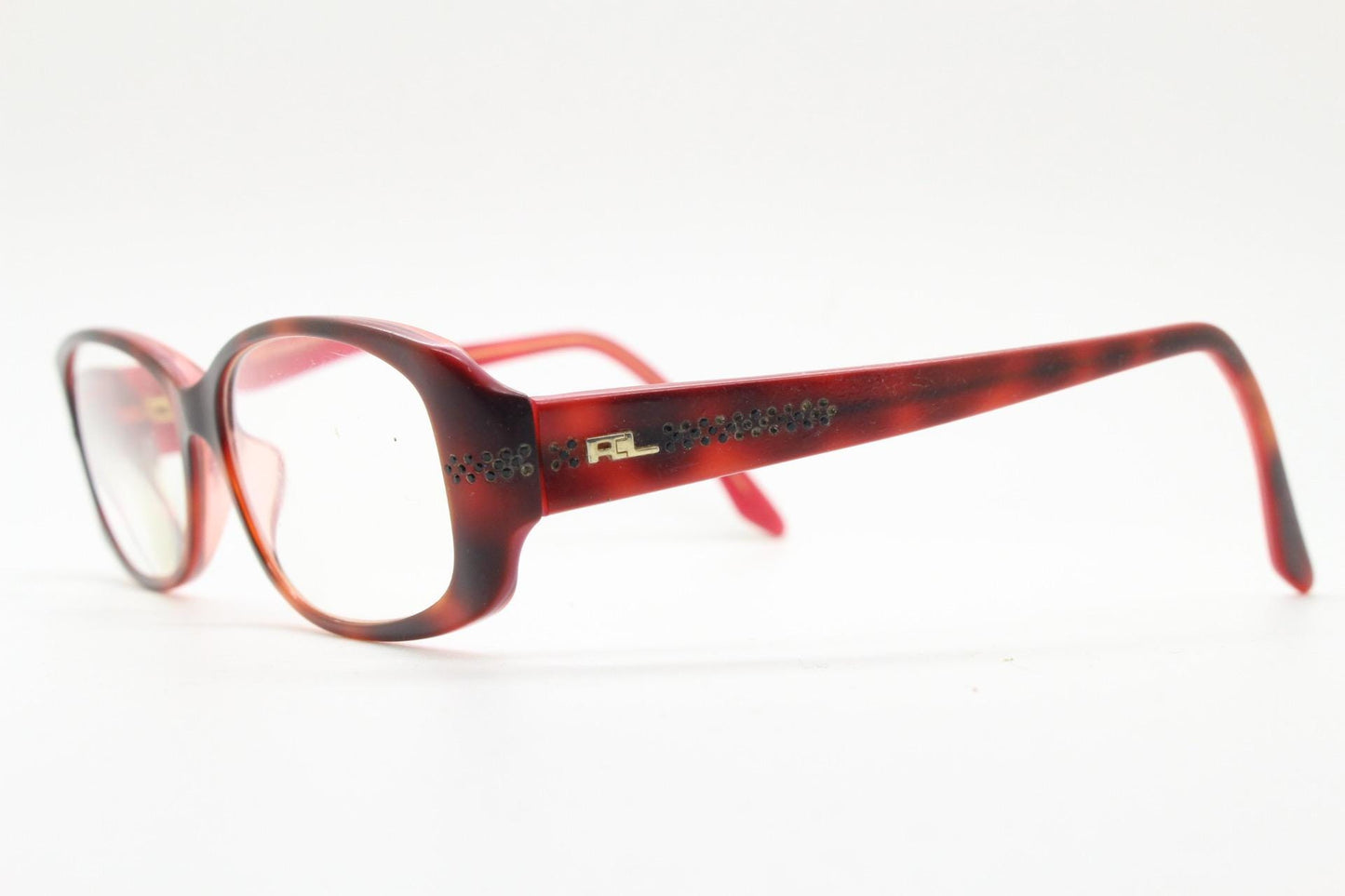 Ralph Lauren rectangular eye glasses made in Italy. Black and dark red acetate optical frame and dark diamantes. Vintage Y2K RX spectacles