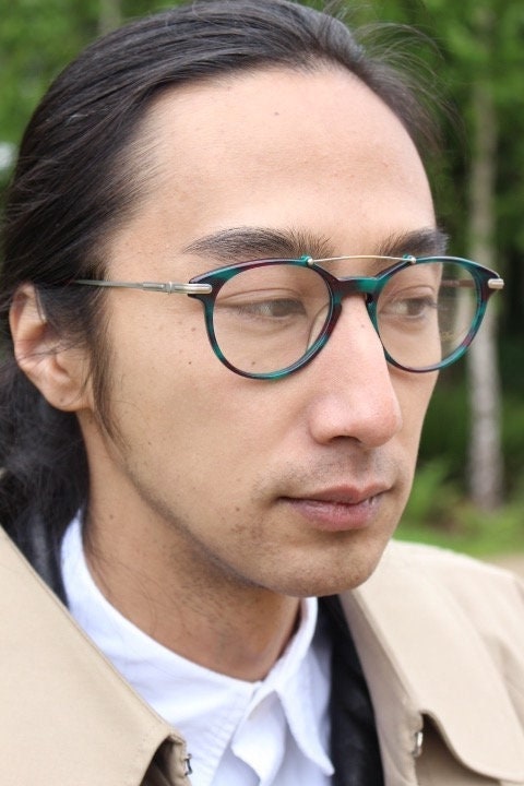 Davidoff 90s vintage round eye glasses. Very dark green and brown optical frames with bronze double bridge. Prescription RX spectacles. NOS