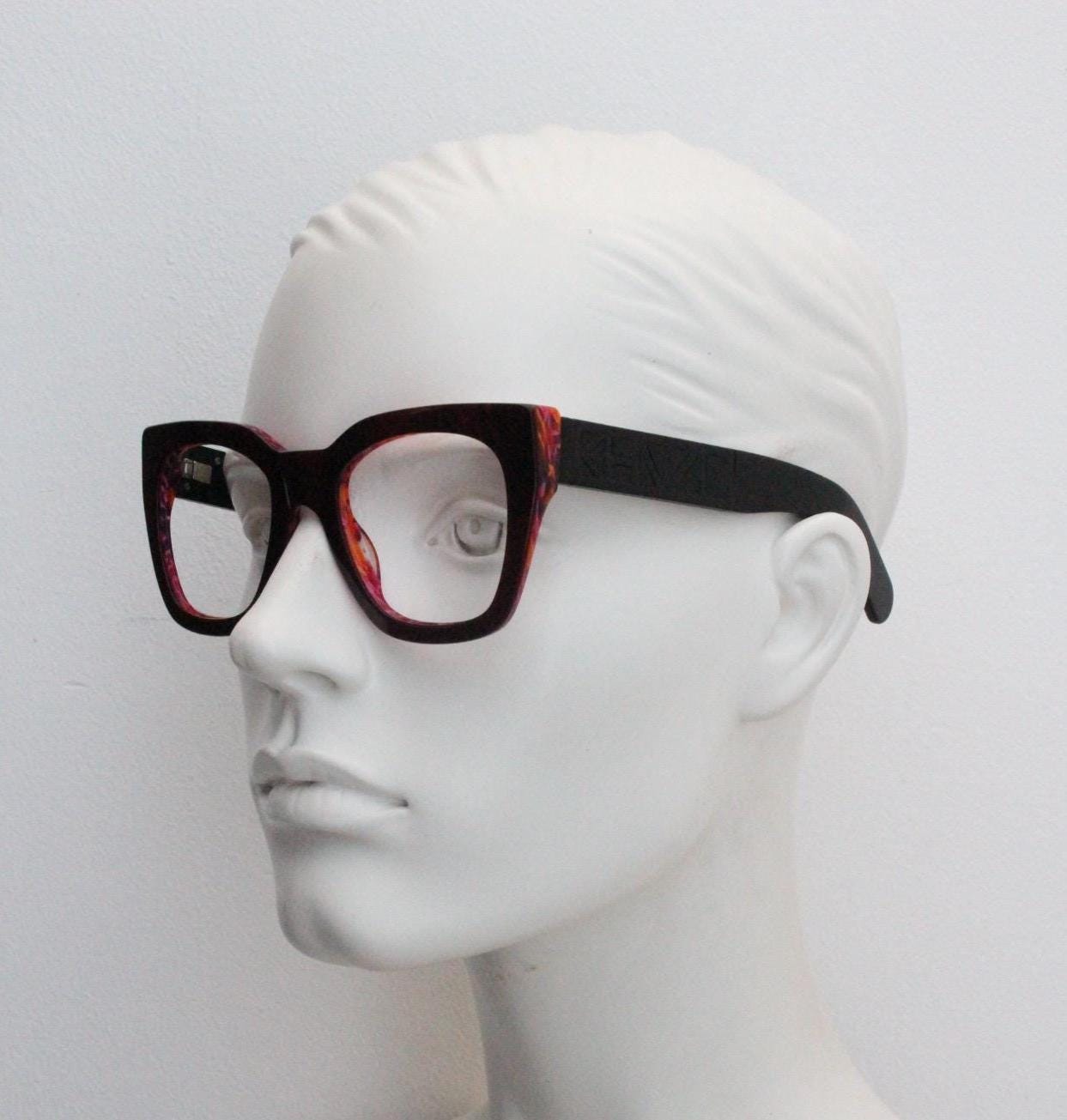 Kenzo vintage oversized chunky cat eye glasses. Big logo thick optical frame with dynamic red marble highlights. Womens RX. BNWT