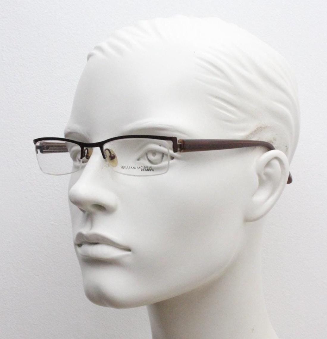 William Morris vintage rectangular eye glasses. Brown metallic brow line half frame with layered acetate arms. Prescription optical RX. NOS