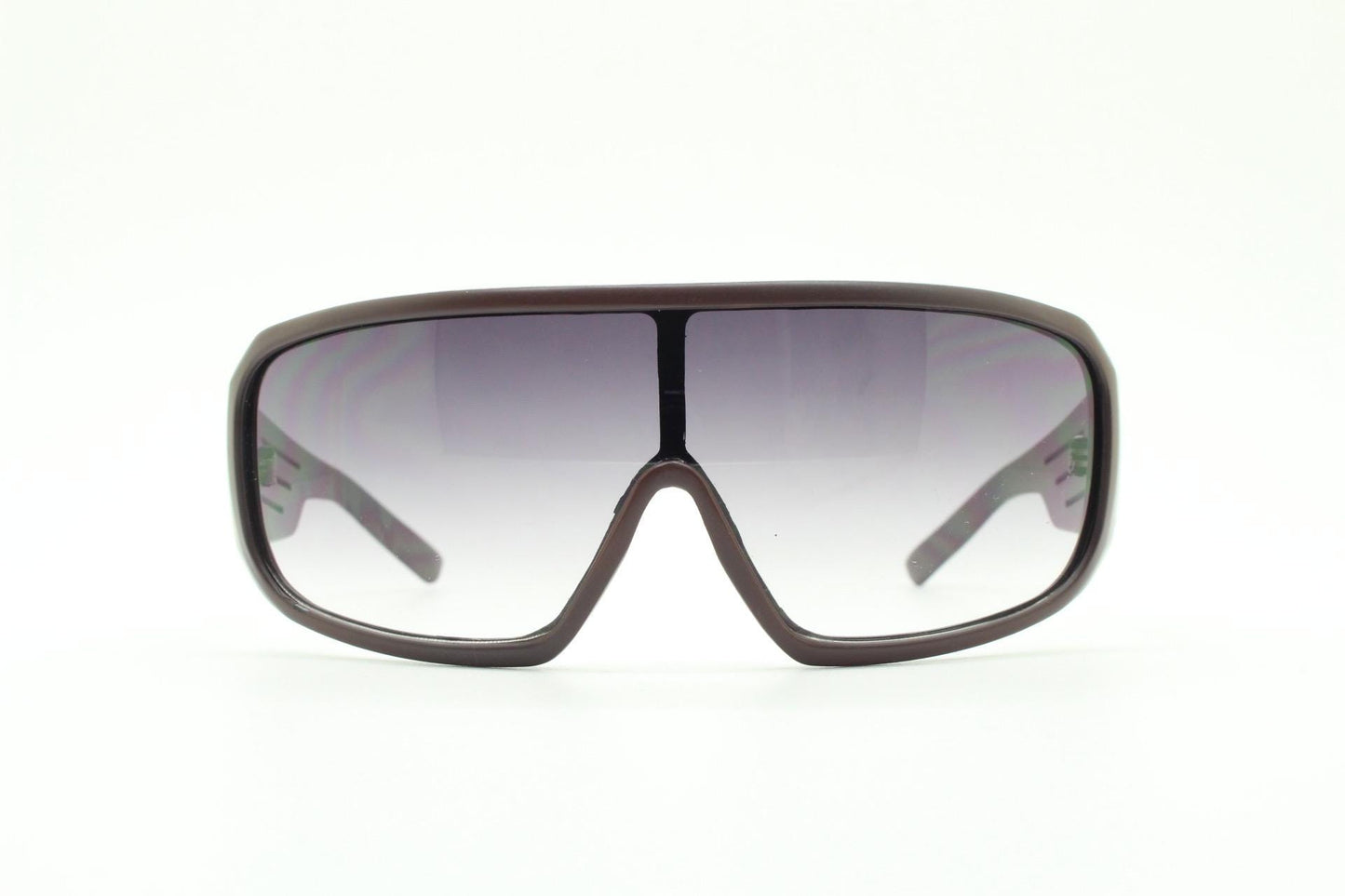 Y2K vintage big square aviator sunglasses. Aerodynamic matt brown frame in car racing monolens design. Curved wrap around shield. 2000s NOS