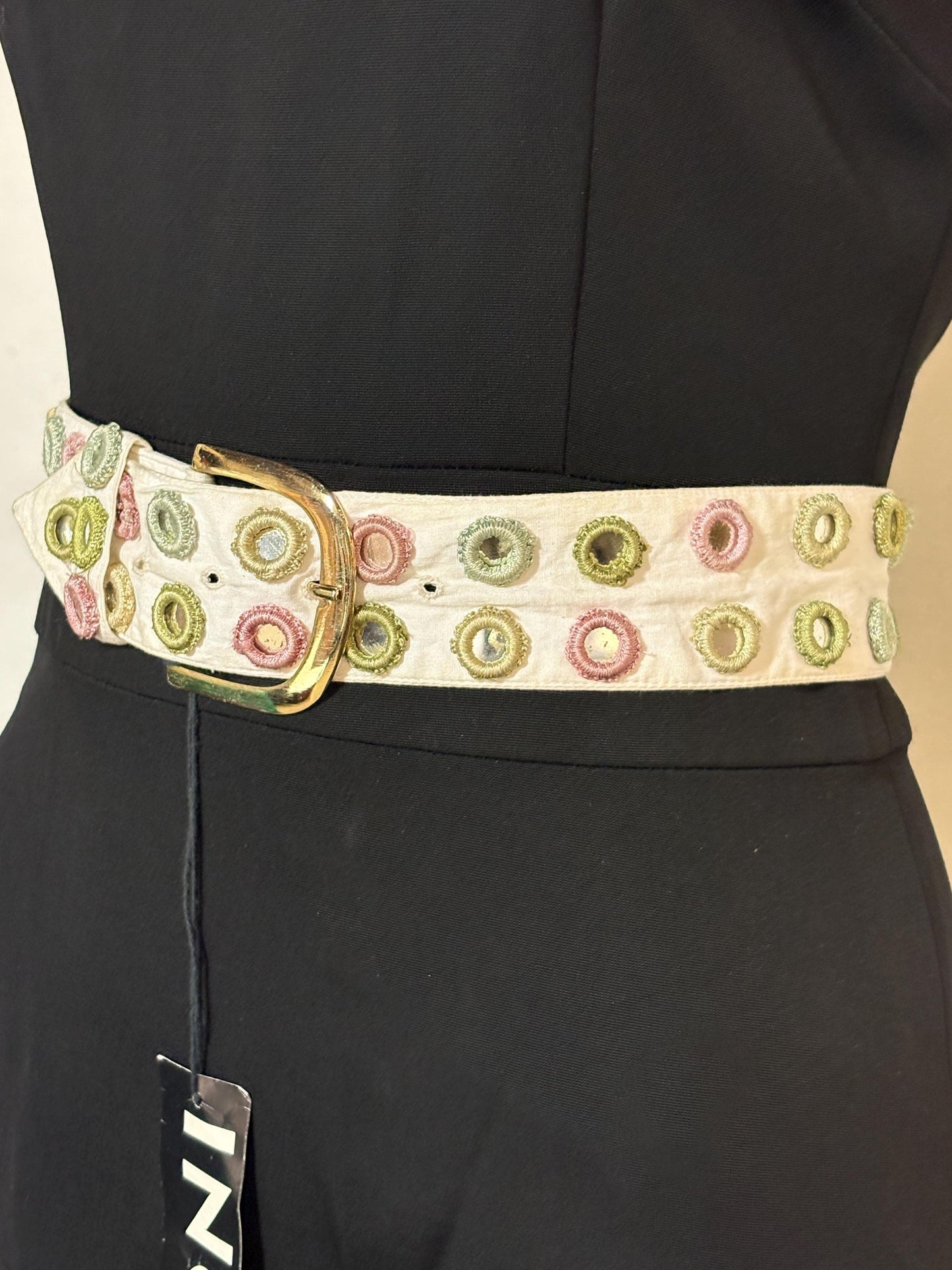 Y2K vintage womens dress belt by Stephanie Hirsch. White with pink and green embroidered little frames around mirror circles. 2000s. BNWT
