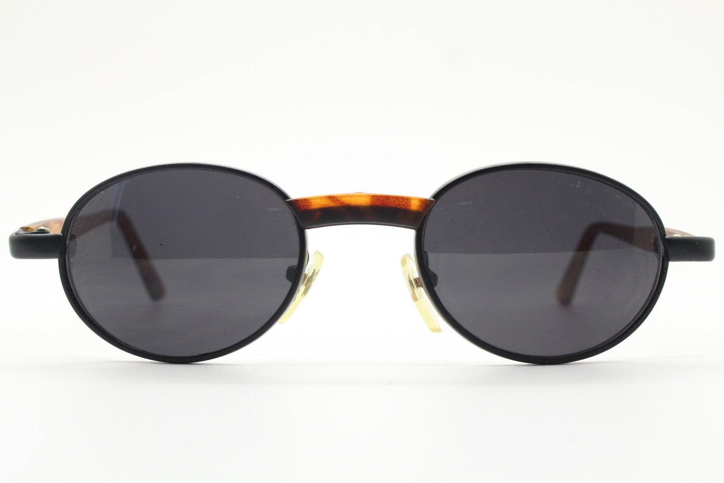 90s oval vintage metal sunglasses. Classic 1990s features of minimal satin finish solid frame with matt tortoise arms. Steampunk. Unused NOS